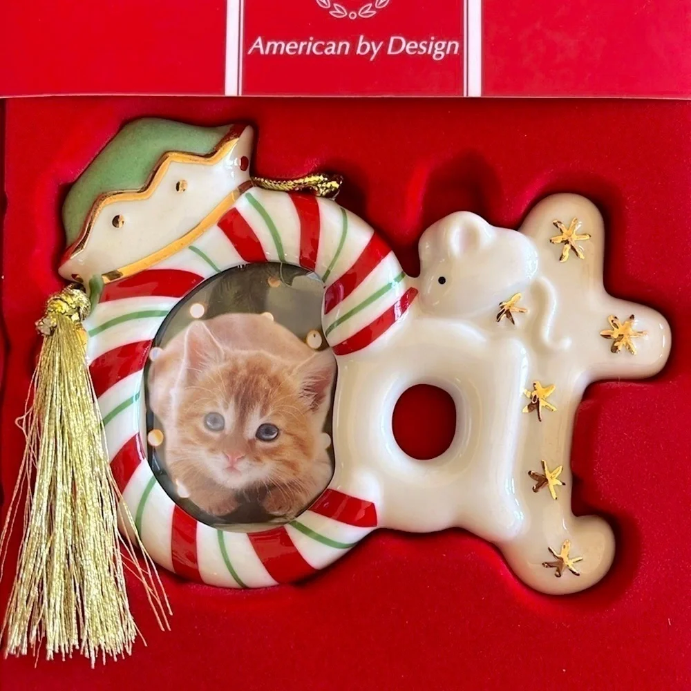 Brand New Lenox Christmas Ornament Magnet Cat Picture Photo Frame Ceramic Kitty